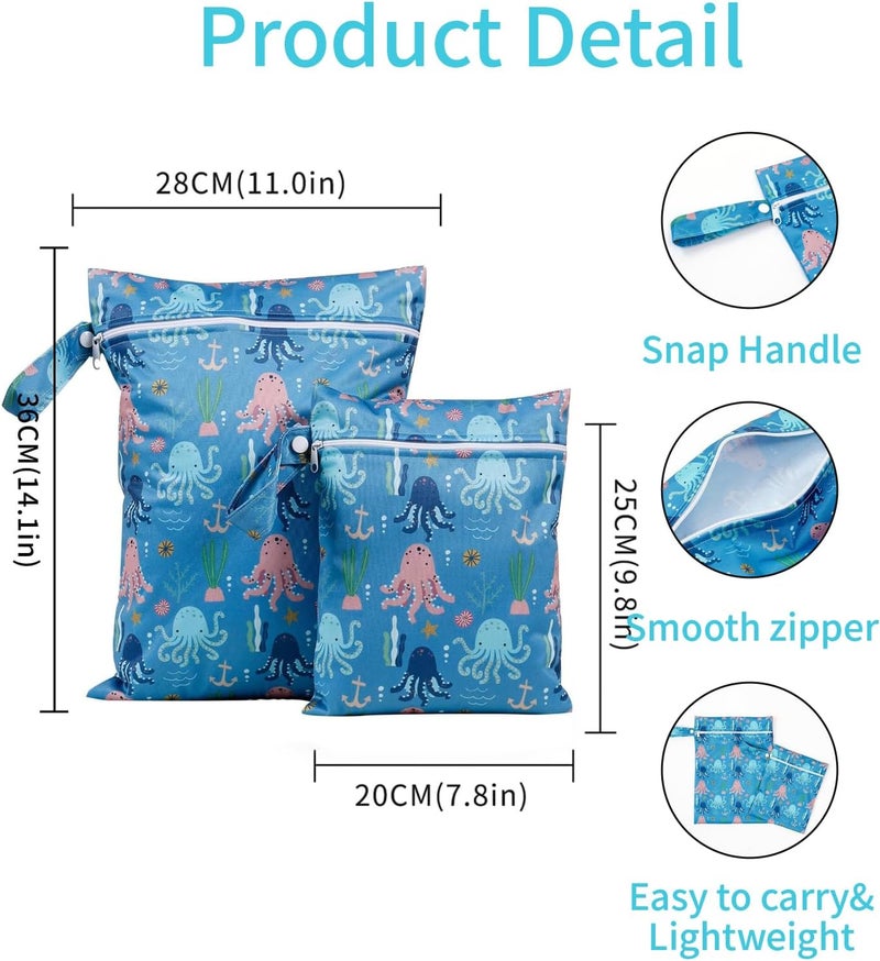 CoolaPeach 2 Pcs Wet Bags Waterproof Reusable Zippered Pocket Cloth Diaper Bag for Travel Beach Pool Swim, Baby Diapers,Gym Yoga Wet Clothes,Swimsuit,water wipes (Octopus) - Image 2